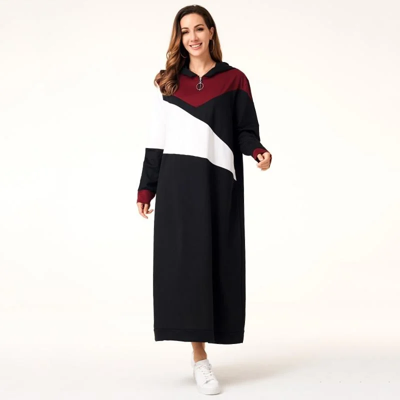 Retro - Style Bubble - Sleeve Maxi DressesFashionSierra - Women Hoodie Dresses Patchwork Zipper Long Sleeve Hooded Maxi Dresses Casual Dress Women Autumn