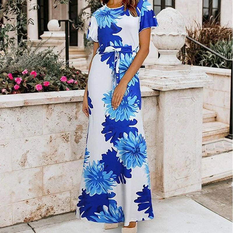 Maxi Dresses with a Fake Two - Piece Design for UniquenessFashionSierra - Women Ladies Summer Boho Floral Maxi Dress Casual High Waist Short Sleeve O-Neck Party Holiday Beach Dress Sundress