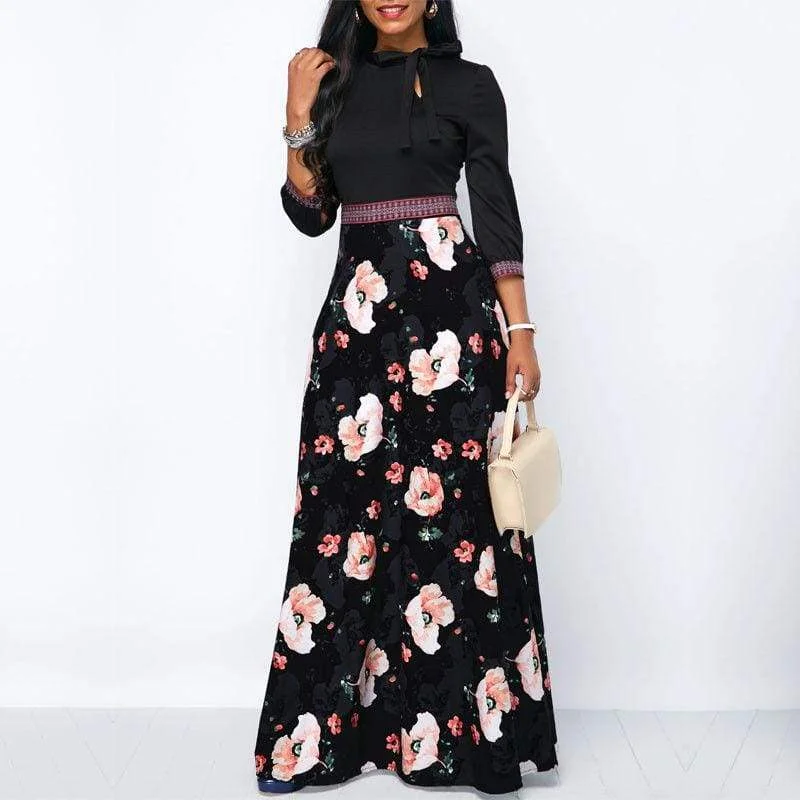 Maxi Dresses for Christmas PartiesFashionSierra - Women Long Maxi Dresses Boho Floral Hollow Neck Three Quarter Sleeve Ethnic Summer Beach Female Stylish Style Dress