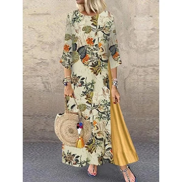 Maxi Dresses with Cross - Over Necklines for a Stylish LookFashionSierra - Women Summer Boho Floral O Neck Long Sleeve Maxi Dress Ladies Casual Loose Dress Oversized Kaftan Beach Sundress