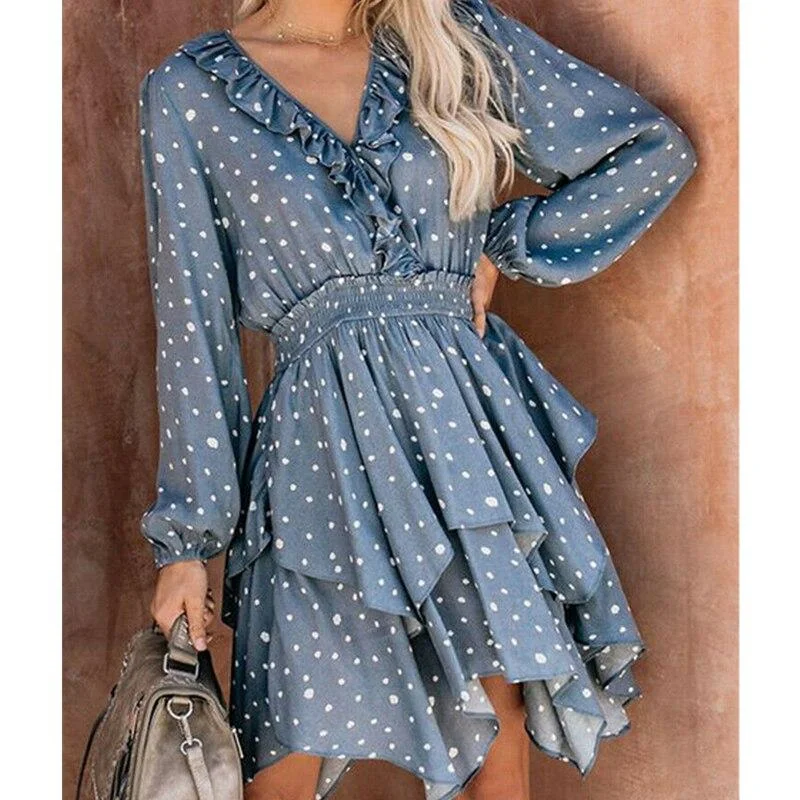Maxi Dresses for Spring Outings in the CountrysideFashionSierra - Women Summer Polka Dot Long Sleeve V-Neck Maxi Dress Fashion Boho Holiday Beach Pierced Ruffled Asymmetrical Dress Sundress