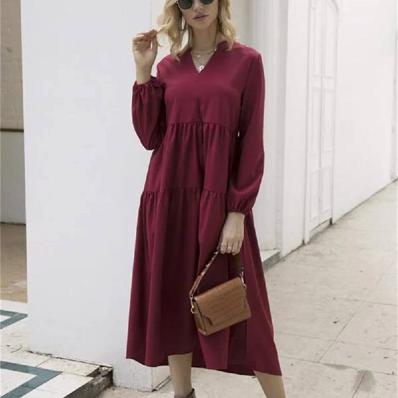 Maxi Dresses with Double - Layered Skirts for a Flowing EffectFashionSierra - Women Vintage Dress Autumn Boho Loose Long Sleeve Maxi Dress Ladies Holiday Party Kaftan Solid Long Shirt Dress