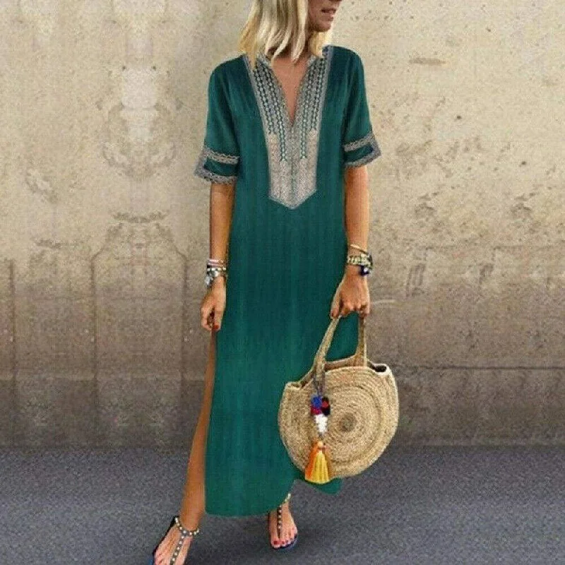 Maxi Dresses for Company Annual MeetingsFashionSierra - Women's Bohemian Floral Print Split Cotton Linen Maxi Dress Deep V Neck Long Sleeve Summer Casual Party Dresses Plus Size