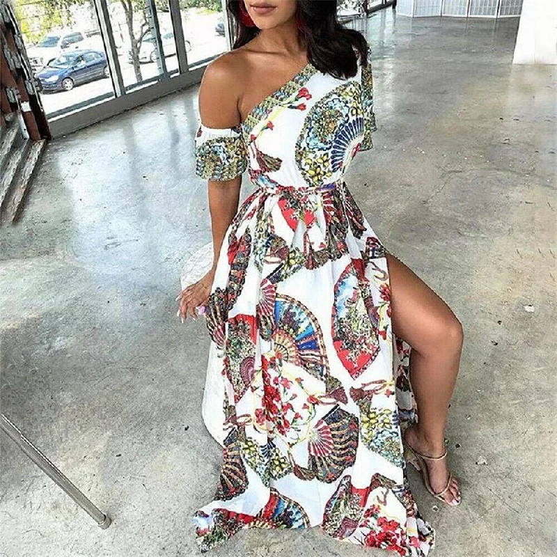 Maxi Dresses with Rhinestone Embellishments for a Glitzy LookFashionSierra - Women's Boho Maxi Dress Fashion Ladies Casual One Shoulder Floral Holiday Summer Beach Evening Party Long Sundress