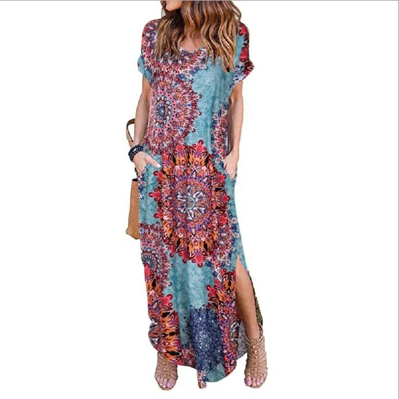 Maxi Dresses with Long - Sleeve Lace Inserts for a Romantic LookFashionSierra - Women's Boho Pocket Long Maxi Dress Floral Cocktail Party Summer Beach Casual V Neck Split Loose Dress Sundress