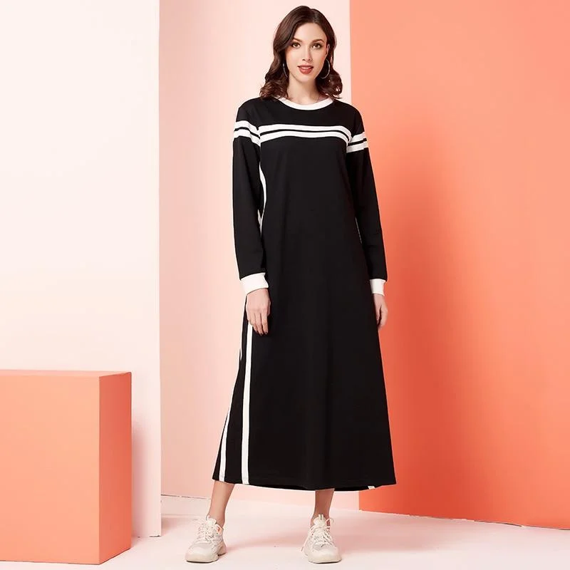 Sequin - Embellished Maxi Dresses for GalasFashionSierra - Womens Casual Dress Black White Patchwork Plus Striped O Neck Long Sleeve Maxi Dresses