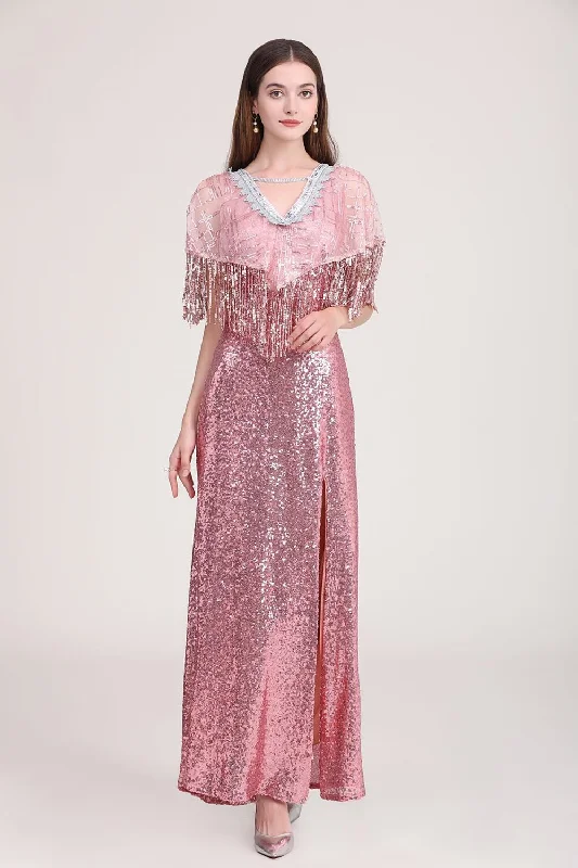 European and American - Style Simple and Elegant Maxi DressesFashionSierra - Low V Back Cape Detailing Tassels Shinning Split Elegant Long Prom Dresses