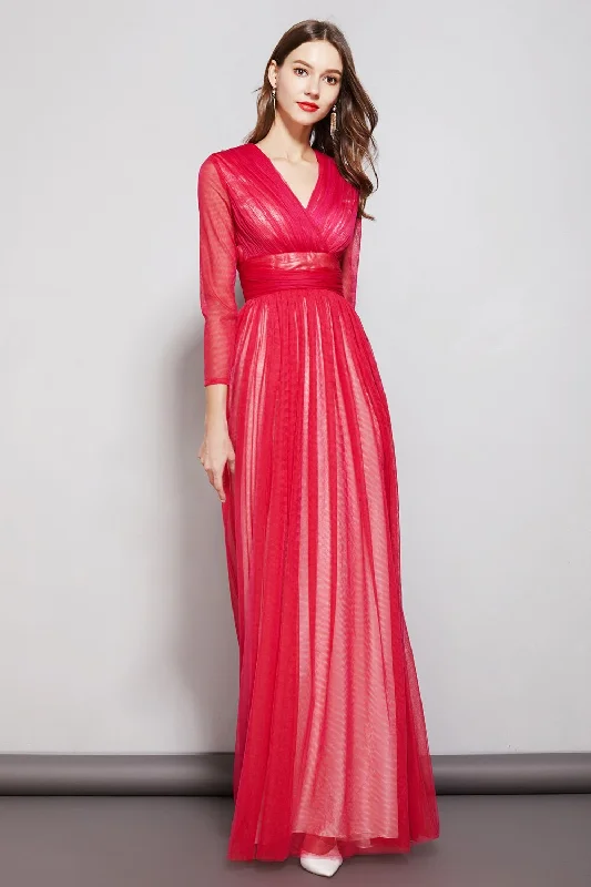 Korean - Style Sweet Maxi DressesFashionSierra - Sexy V Neck Long Sleeves Ruched Waist Layered Elegant Maxi Dresses