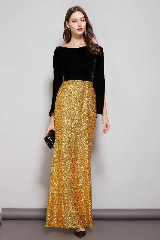 Maxi Dresses with a Fake Two - Piece Design for UniquenessFashionSierra - Long Sleeves Velvet Bodice Patchwork Sequined Elegant Floor Length Dresses