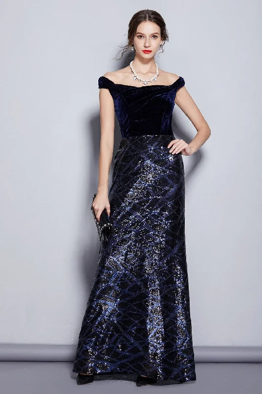Maxi Dresses with Side Slits for Easy MovementFashionSierra - Cap Sleeves Velour Bodice Patchwork Sequined Elegant Long Party Dresses