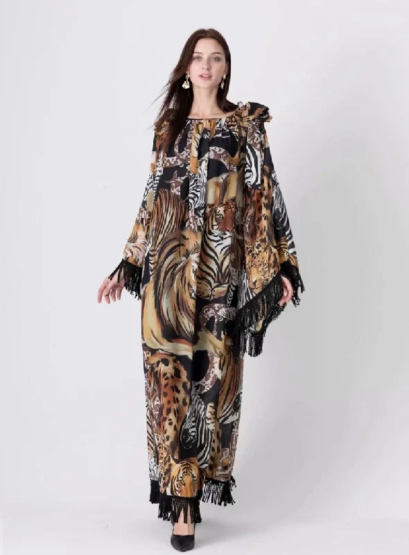 Long - Line Maxi Dresses with a Cape - Like DesignFashionSierra - Long Flare Sleeves Printed Elegant High Street Fashion Maxi Dress