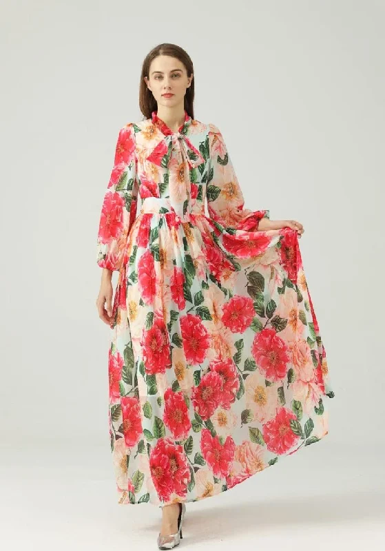 Maxi Dresses with Cinched Waists to Show Off FiguresFashionSierra - Lace Up Bow Collar Long Sleeves Floral Printed Maxi Dress