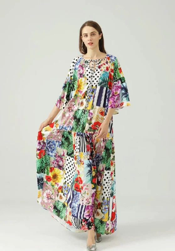 Maxi Dresses with Side Slits for Easy MovementFashionSierra - O Neck 3/4 Sleeves Floral Printed Loose Design Fashion Maxi Dress