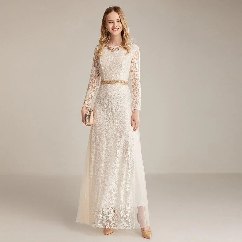 Vintage - Style Corduroy Maxi Dresses for AutumnFashionSierra - Long Sleeves Embroidery Lace Beaded Waist Elegant Fahion Maxi Dress