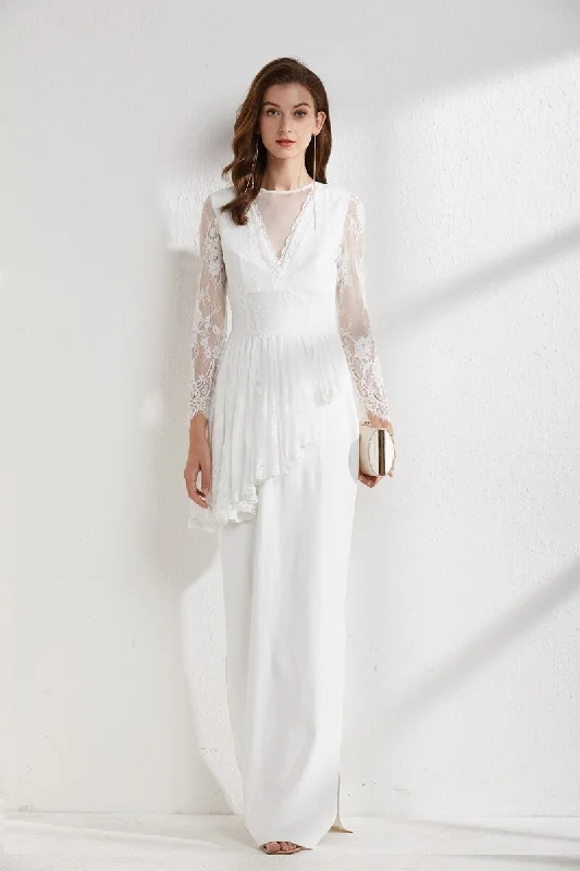 Maxi Dresses with Metallic Thread Embroidery for a Shiny and Luxurious LookFashionSierra - Lace Patchwork Ruffles Asymmetrical Split Elegant Maxi Party Evening Prom