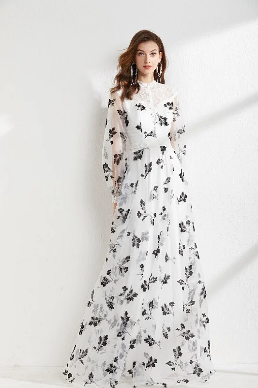 Maxi Dresses with Botanical Prints for a Natural and Fresh LookFashionSierra - Long Sleeves Lace Patchwork Printed Organza Elegant Maxi Party Prom