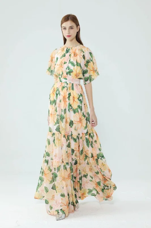 Maxi Dresses with Metal Accessories for a Trendy EdgeFashionSierra - Short Sleeves Floarl Printed Ruffles High Street Fashion Long Maxi Dresses