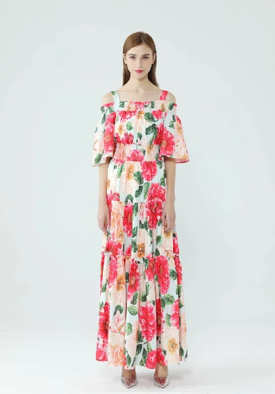 Calming Blue Maxi Dresses for a Soothing LookFashionSierra - Slash Neckline Floral Printed Tiered Ruffles Elegant Long Maxi Dresses