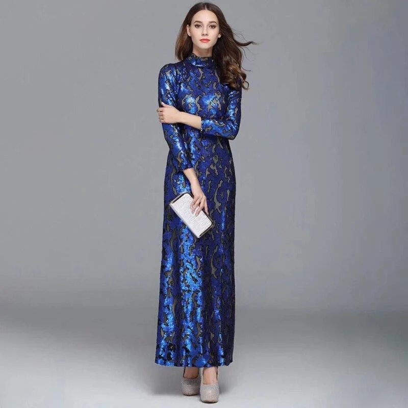 Maxi Dresses with Laser - Cut Patterns for a Modern LookFashionSierra - Long Sleeves Sequined Elegant Fashion Party Prom Maxi Gown