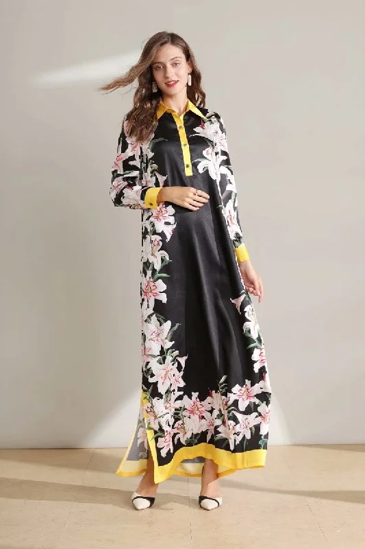 Light Pink Flowy Maxi Dresses for SpringFashionSierra - Long Sleeves Floral Printed Loose Designer Fashion Casual Split Long Dresses