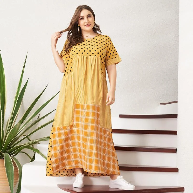 Preppy - Style Pleated Maxi Dresses for School EventsFashionSierra - Women's Summer Long Dress Loose Dot Striped Plaid Patchwork Maxi Dress Casual O Neck Short Sleeve Plus Size Dresses