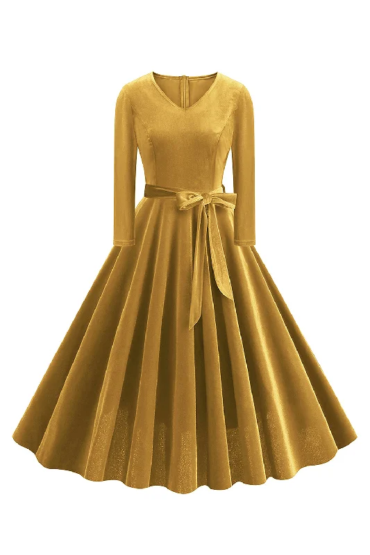 Clearance Sale: Women's Dresses Yellow V Neck Pleated Long Sleeves 1950s Dress