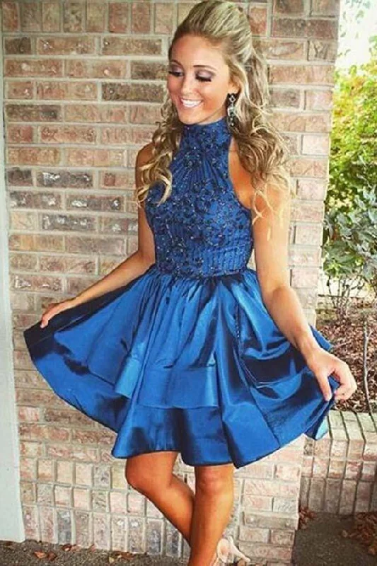 Party Dresses with High Neck and Embroidered Back for Ladies' Modest and Intricate LookA-line Beaded Halter Neckline Satin Homecoming Dress Short Prom Dress PG166 Party Dresses with High Neck and Embroidered Back for Ladies' Modest and Intricate LookA-line Beaded Halter Neckline Satin Homecoming Dress Short Prom Dress PG166