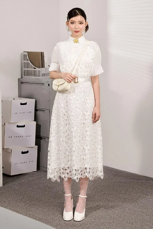 Midi dress for a school event such as a sports day or field tripAilen A-line Collared Neck Lace Midi Dress