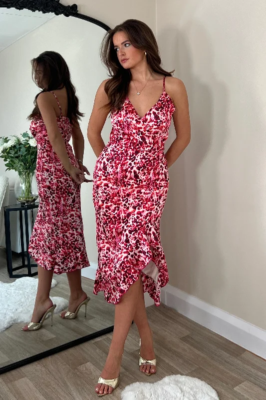 Party Dresses with Sequined Fringe and Tulle Overlay for Ladies' Dazzling and Playful LookAislinn Red Animal Wrap Neck Frill Detail Dress Party Dresses with Sequined Fringe and Tulle Overlay for Ladies' Dazzling and Playful LookAislinn Red Animal Wrap Neck Frill Detail Dress