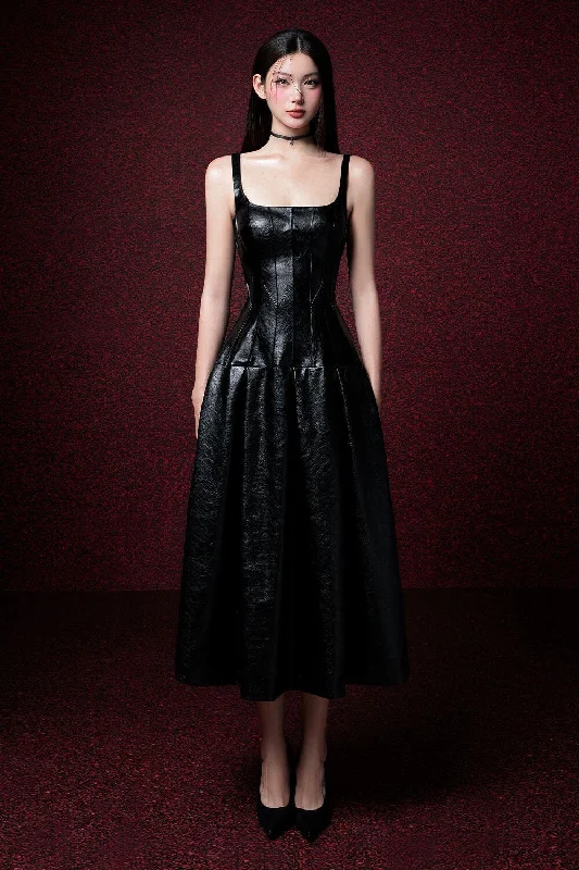 Lace - up midi dress for a trendy and adjustable lookAlva Drop Waist Corset Waist Leather Midi Dress