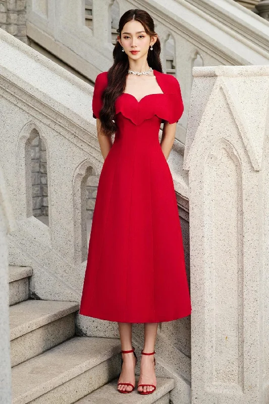 High - low hem midi dress for a modern and stylish lookAmore A-line Queen Anne Neck Silk Crepe Midi Dress
