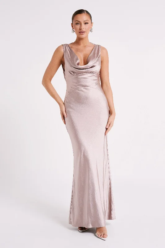 Party Dresses with Ruffled Sleeveless Top and Sequined Bodice and Tulle Skirt and Beaded Waistband for Ladies' Dramatic and Glamorous LookAngelique Satin Cowl Back Maxi Dress - Taupe Party Dresses with Ruffled Sleeveless Top and Sequined Bodice and Tulle Skirt and Beaded Waistband for Ladies' Dramatic and Glamorous LookAngelique Satin Cowl Back Maxi Dress - Taupe