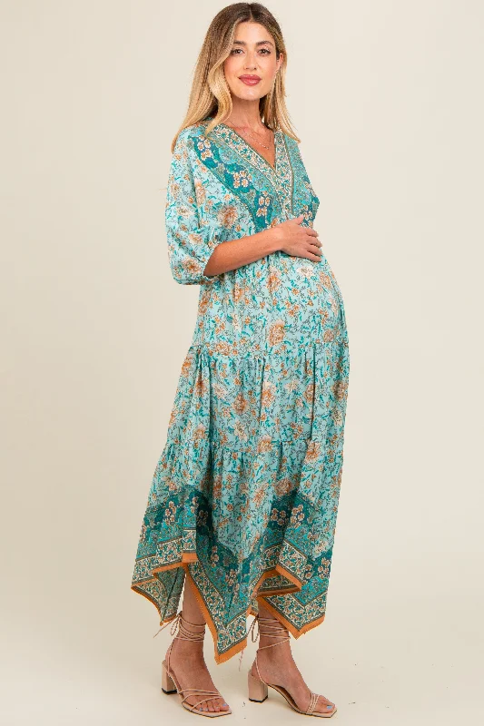 Bishop - sleeve midi dress for a vintage - inspired and elegant styleAqua Floral Border Print V-Neck Tiered Maternity Midi Dress