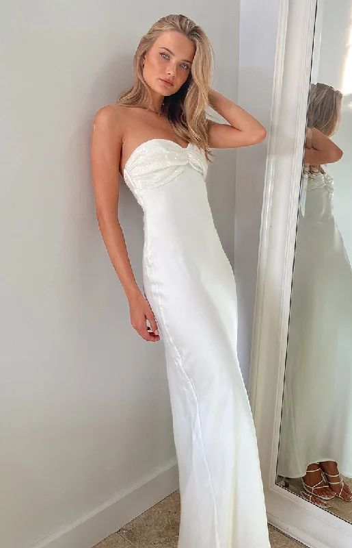 Party Dresses with Sequined Stripes and Sheer Back and Embroidered Birds for Ladies' Bold and Nature Inspired LookAshley White Sequin Formal Maxi Dress Party Dresses with Sequined Stripes and Sheer Back and Embroidered Birds for Ladies' Bold and Nature Inspired LookAshley White Sequin Formal Maxi Dress