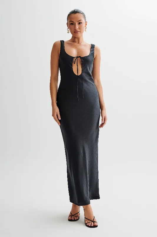 Party Dresses with Sequined Stripes and Sheer Back and Embroidered Birds for Ladies' Bold and Nature Inspired LookAubrie Keyhole Satin Maxi Dress - Black Party Dresses with Sequined Stripes and Sheer Back and Embroidered Birds for Ladies' Bold and Nature Inspired LookAubrie Keyhole Satin Maxi Dress - Black