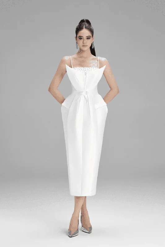 Cold - shoulder midi dress for a trendy and modern styleAurora Pegged Spaghetti Strap Taffeta Midi Dress