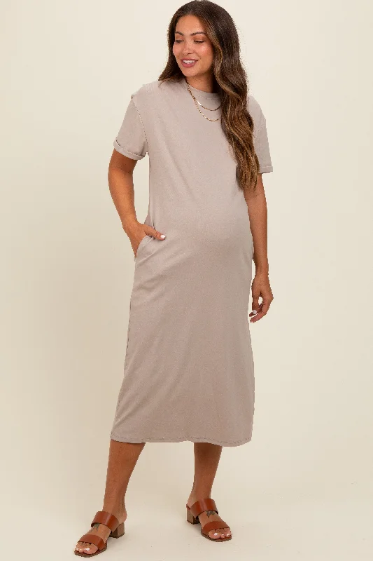 Midi dress for a movie night with a cozy sweater or jacketBeige Basic Side Slit Maternity Midi Dress