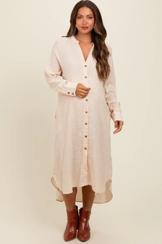 Midi dress for a countryside getaway for a laid - back and rustic lookBeige Button Down Maternity Midi Dress