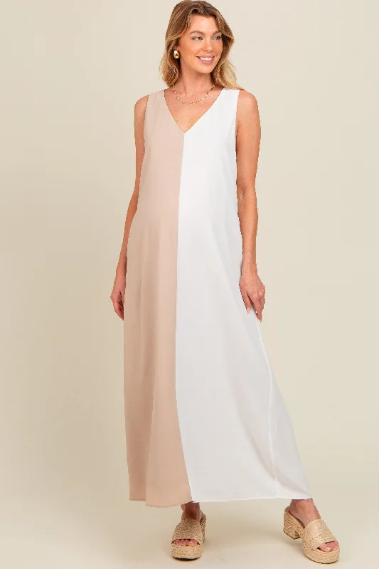 Elastic - waist midi dress for maximum comfort and flexibilityBeige Colorblock Maternity Midi Dress