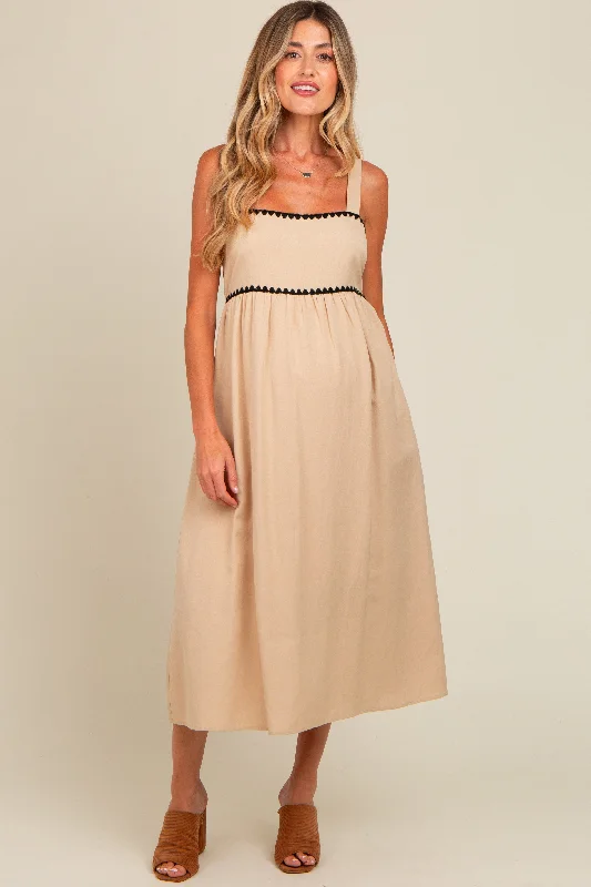 Midi dress for a music festival with a bohemian - inspired outfitBeige Contrast Trim Maternity Midi Dress