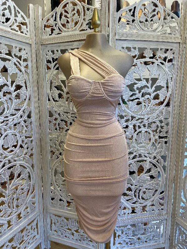 High - waisted pleated midi dress for a trendy and stylish appearanceBeige Cutout Midi Dress