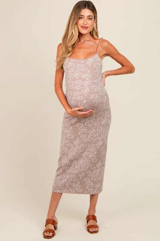 Midi dress for a business - casual setting when paired with a blazerBeige Floral Knit Fitted Maternity Midi Dress