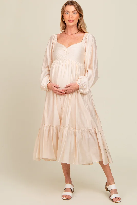 A - line satin midi dress for a formal and elegant occasionBeige Front Ruched Babydoll Maternity Midi Dress