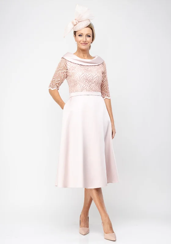 Midi dress for a dance party to show off your movesBella Beaded Flared Satin Midi Dress, Blush Pink