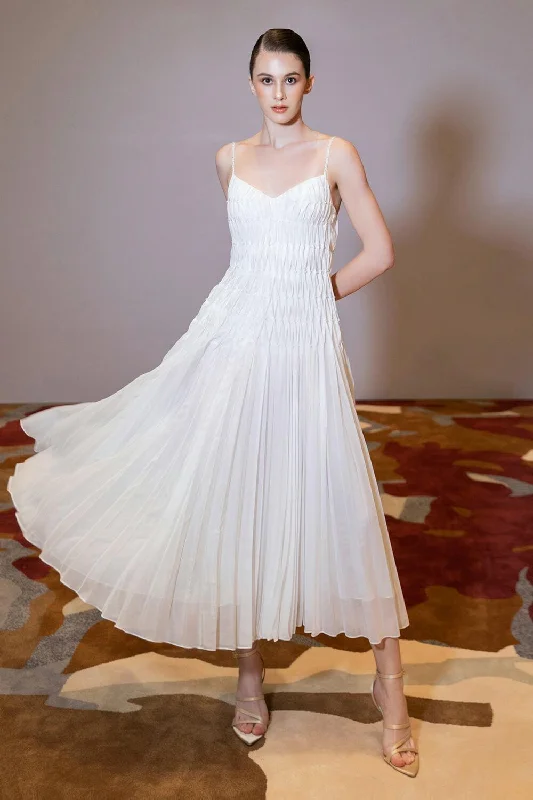 Off - the - shoulder midi dress for a flirty and romantic lookBella Flared Spaghetti Strap Chiffon Midi Dress