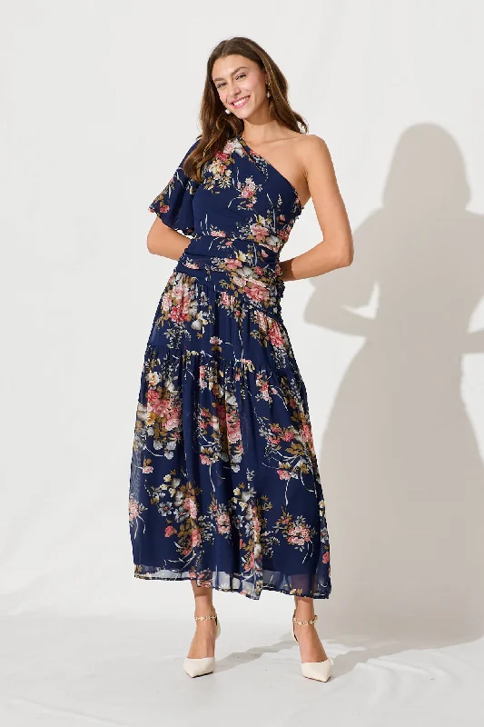 Party Dresses with Tulle Overlay and Beaded Bodice and High Low Hem for Ladies' Dramatic and Graceful LookBerlyn One Shoulder Maxi Dress In Navy Floral Chiffon Party Dresses with Tulle Overlay and Beaded Bodice and High Low Hem for Ladies' Dramatic and Graceful LookBerlyn One Shoulder Maxi Dress In Navy Floral Chiffon