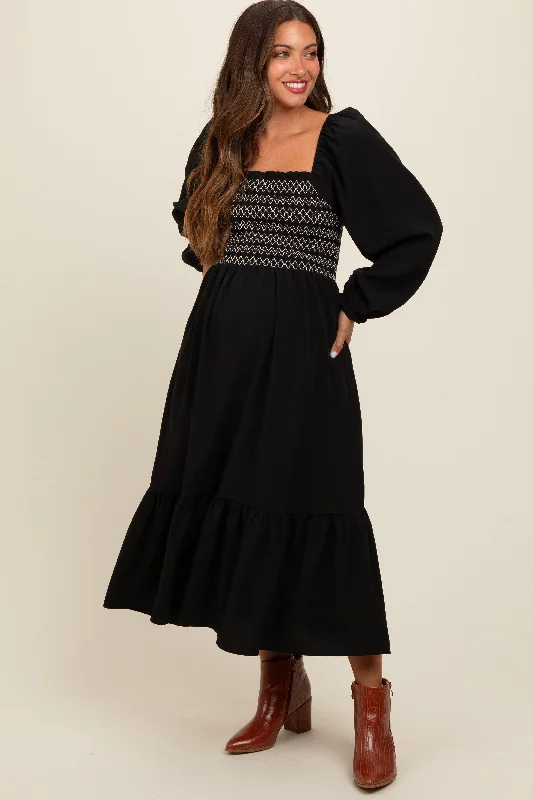 Midi dress for a beach vacation when paired with a swimsuit cover - upBlack Contrast Smocked Balloon Sleeve Maternity Midi Dress