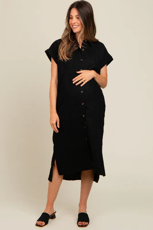 Collared midi dress for a more formal and put - together lookBlack Corduroy Button Down Maternity Midi Dress