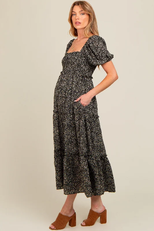 Appliqué - decorated midi dress for a unique and detailed styleBlack Floral Leopard Print Maternity Midi Dress