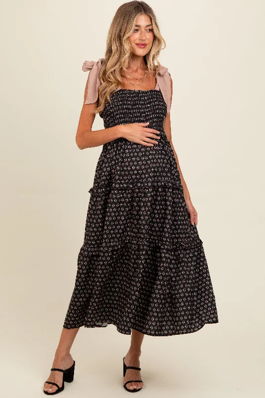 90s - inspired grunge midi dress with a casual and edgy lookBlack Floral Print Contrast Shoulder Tie Tiered Maternity Midi Dress